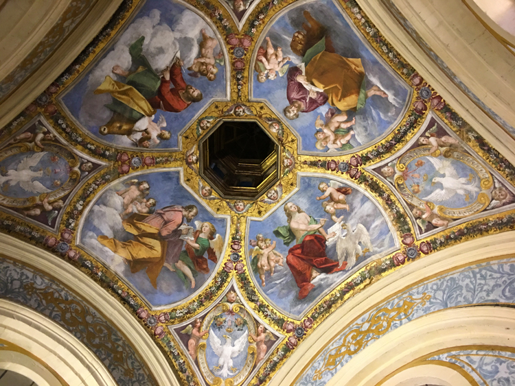 Frescoes adorn the ceiling of a room in the Estense Castle in Ferrara